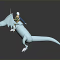 Knight In Shiny Armor Riding Silver Dragon With Spear And Large Wings