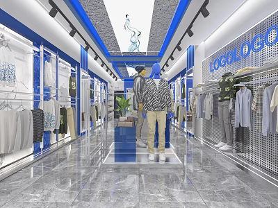 Modern Blue And White Clothing Store With Display Racks Mannequins And Hanging Clothes 3d model