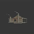 Log Cabin With Stone Chimneys Smoke Rising Blue Tiled Roof And Wooden Porch With Columns