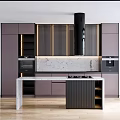 Modern Kitchen Interior With Marble Island Range Hood Built-in Ovens And Grey Cabinets