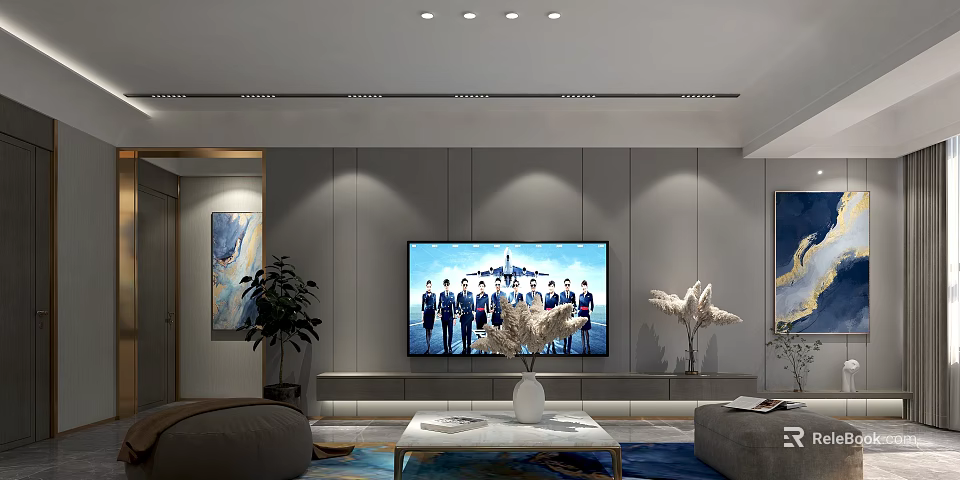 Sleek Modern Grey Tone Living Room With Large TV And Elegant Cozy Interior Design 3d model 