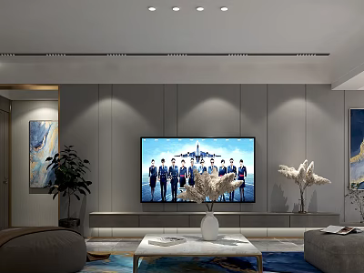 Sleek Modern Grey Tone Living Room With Large TV And Elegant Cozy Interior Design 3d model