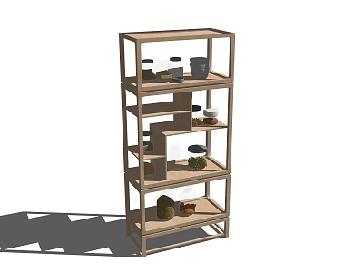 Multi tiered Wooden Storage Shelf With Open Compartments And Decorative Items 3d model