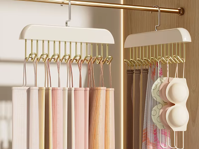 Organized Wardrobe Interior With Gold Hanging Rods And Multi Layer Hangers Holding Colored Clothes 3d model