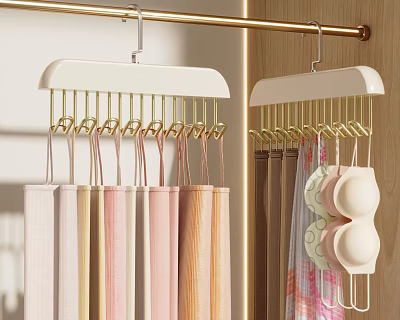 Organized Wardrobe Interior With Gold Hanging Rods And Multi Layer Hangers Holding Colored Clothes 3d model
