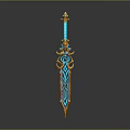Ornate Fantasy Sword With Blue Blade Golden Accents And Intricate Patterns
