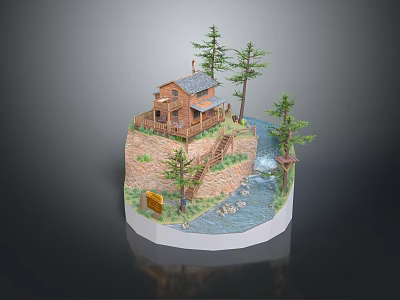 Cartoon Scenic Diorama With Log Cabin Pine Trees Hillside Stream And Stone Steps 3d model
