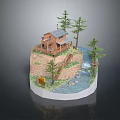 Cartoon Scenic Diorama With Log Cabin Pine Trees Hillside Stream And Stone Steps