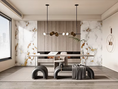 Modern Study Room Interior Design With Marble Wall Wooden Table And Hanging Lights 3d model