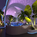 Futuristic Stunning Rooftop Night Lounge With Illuminated Pools Unique Domes And Lush Tropical Palm Plants