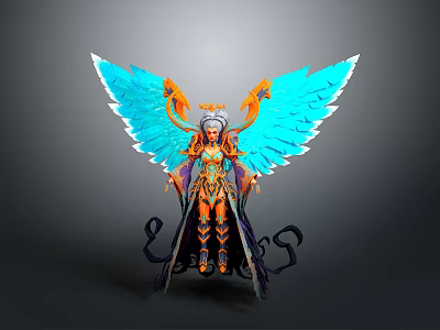 Woman With Blue Wings And Ornate Orange Gold Outfit Standing Majestically 3d model