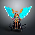 Woman With Blue Wings And Ornate Orange Gold Outfit Standing Majestically