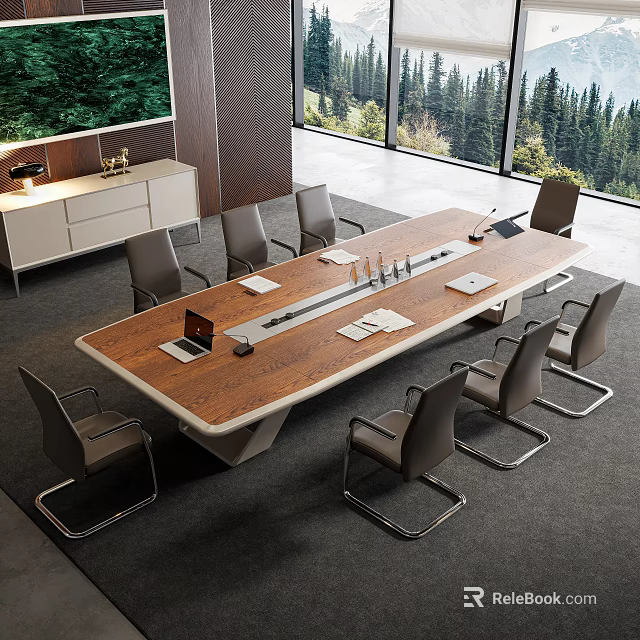 Modern Conference Table With Chairs Laptop Documents Cups By Large Windows Forest View 3d model 