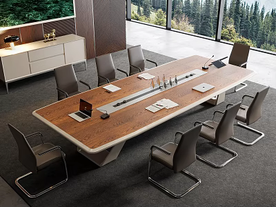 Modern Conference Table With Chairs Laptop Documents Cups By Large Windows Forest View 3d model
