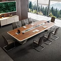 Modern Conference Table With Chairs Laptop Documents Cups By Large Windows Forest View 3d model