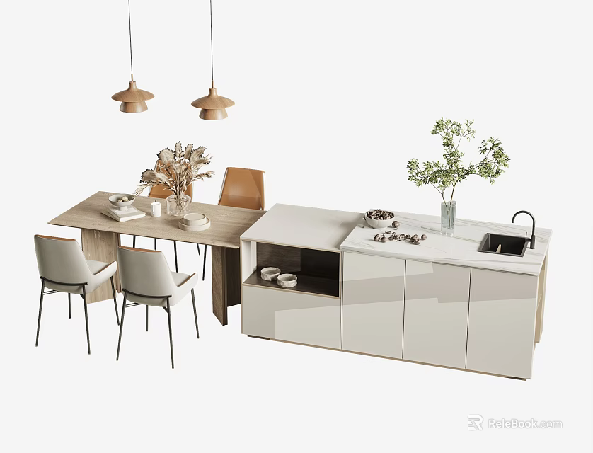 Modern Dining Table Set With Chairs Hanging Lights Green Plants And Countertop 3d model