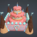 Three Tiered Birthday Cake With Pink Frosting Candles And Chocolate Decorated Ice Cream Cones