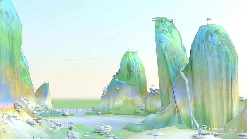 Ancient Scenery With Lush Green Mountains Flowing Water Stone Bridges And Traditional Pavilions 3d model 