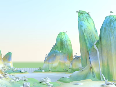 Ancient Scenery With Lush Green Mountains Flowing Water Stone Bridges And Traditional Pavilions 3d model
