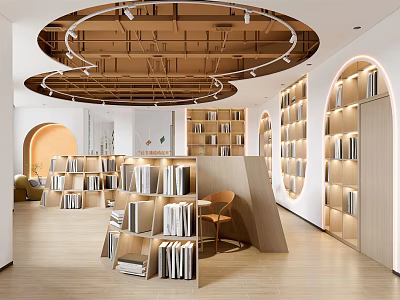 Modern Book Art Library Design Featuring Arched Bookshelves Circular Ceiling And Displayed Art Books 3d model