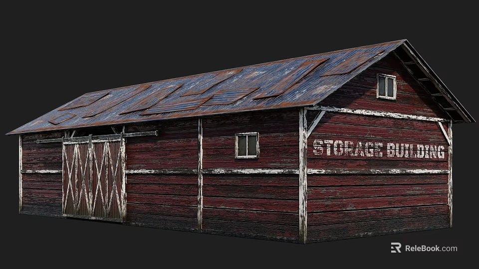 Red Wooden Storage Building With Metal Roof Small Windows And Crossed Door Design 3d model 