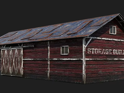 Red Wooden Storage Building With Metal Roof Small Windows And Crossed Door Design 3d model