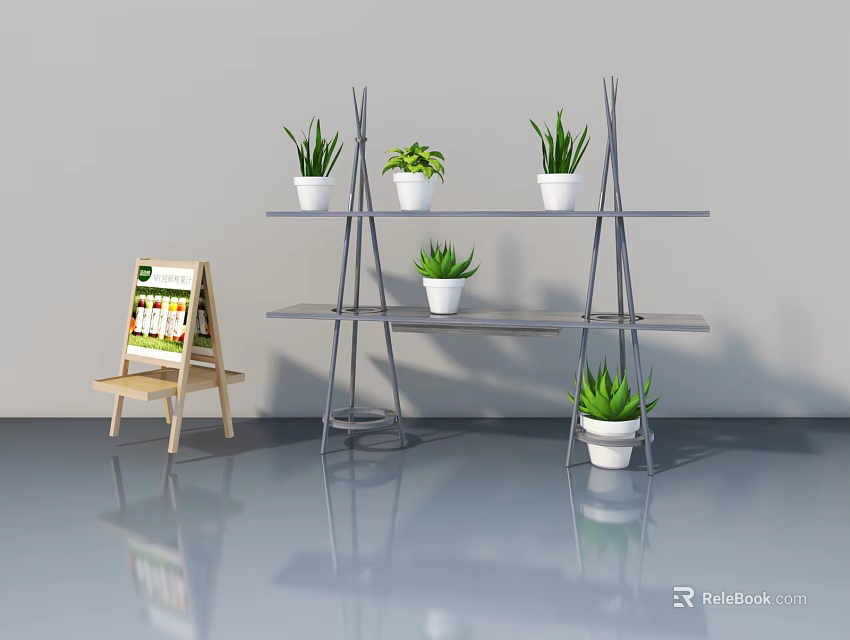 Modern Landscape Sculpture With Metal Multi tiered Shelf And Green Potted Plants 3d model 