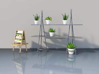Modern Landscape Sculpture With Metal Multi tiered Shelf And Green Potted Plants 3d model