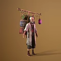 Elderly Game Movie Character In Traditional Robe Carrying Wooden Frame With Hanging Lantern And Ornaments
