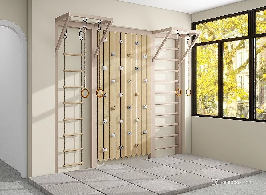 Indoor Sports Equipment With Climbing Wall Ladder And Hanging Rings For Home Gym 3d model 