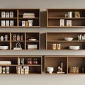 Wooden Wall Cabinets With Multiple Compartments Containing Cans Bottles Plates Bowls And Books
