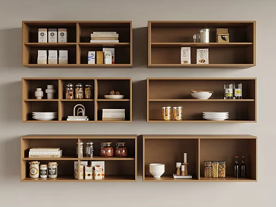 Wooden Wall Cabinets With Multiple Compartments Containing Cans Bottles Plates Bowls And Books 3d model