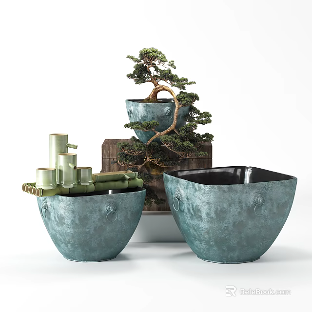 Bonsai Potted Plant Display With Teal Carved Pots Bamboo Water Feature And Wooden Stand 3d model 