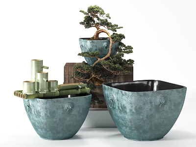 Bonsai Potted Plant Display With Teal Carved Pots Bamboo Water Feature And Wooden Stand 3d model