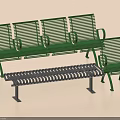 Green Metal Public Chairs With Striped Design Including Benches And Single Seats
