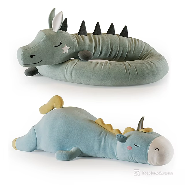 Soft Large Dinosaur And Unicorn Plush Toys With Cute Design Green Blue Yellow Mane Tail 3d model 