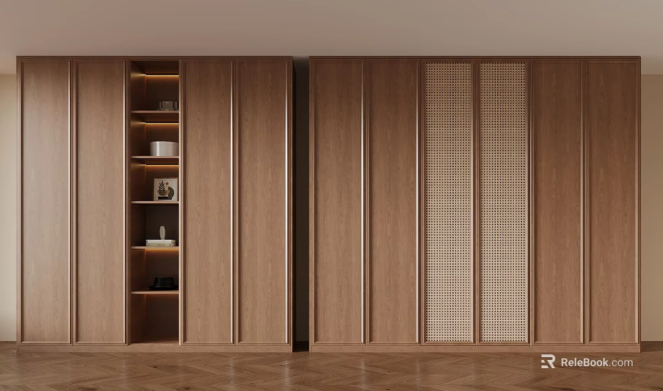Wooden Storage Cabinet Interior Design With Open Shelves And Grid Doors 3d model 