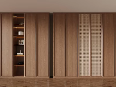 Wooden Storage Cabinet Interior Design With Open Shelves And Grid Doors 3d model