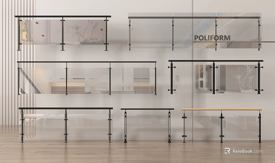 Modern Glass Railings With Black Metal Frame Various Styles For Interior Design 3d model 