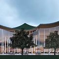 Modern Architectural Design With Curved Roof Glass Curtain Walls And Tall Buildings Background Trees