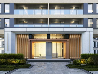 Modern Building Main Entrance Gate With Glass Doors Wooden Slats And Landscaping 3d model