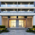 Modern Building Main Entrance Gate With Glass Doors Wooden Slats And Landscaping