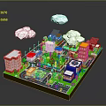 Modern City Scene 3D Model With Various Buildings Green Trees Roads Cars And Clouds
