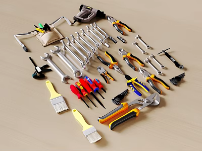 Assorted Hardware Tools Including Wrenches Pliers Screwdrivers Brushes And Drill On Wooden Table 3d model
