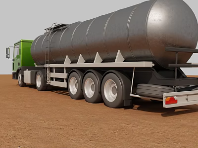 Utility Vehicle with Green Cab Large Silver Tank and Multiple Wheels on Brown Dirt Ground 3d model