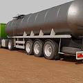 Utility Vehicle with Green Cab Large Silver Tank and Multiple Wheels on Brown Dirt Ground