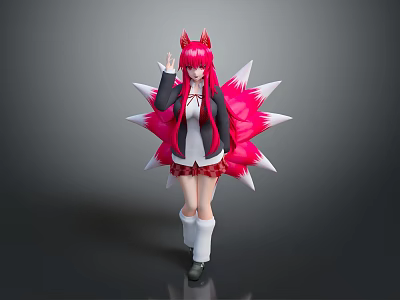 Anime Style Character With Red Fox Ears And Multiple Pink Tails In School Uniform 3d model