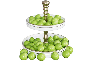 Fresh Green Fruits On Two Tiered White Tray With Golden Stand 3d model