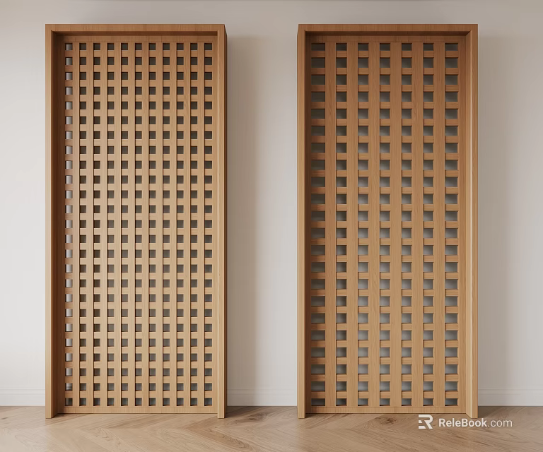 Two Modern Wooden Lattice Panels With Grid Pattern Against Light Wall And Floor 3d model 