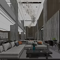 Modern Hotel Lobby Interior With Gray Sofas Chandelier Green Plant Marble Walls And Large Windows